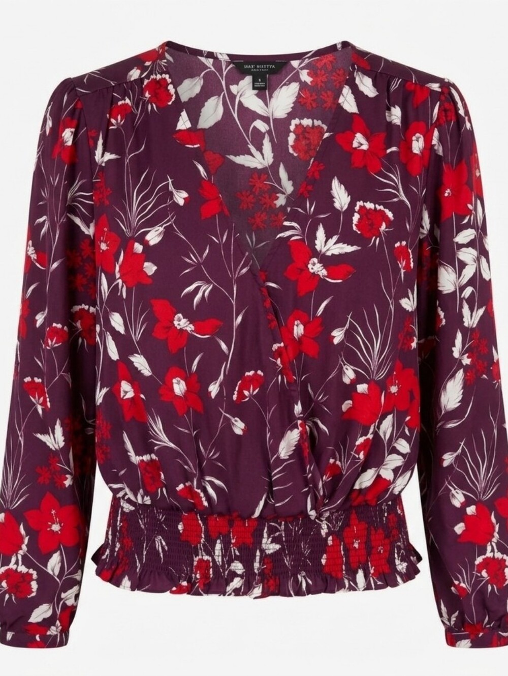 Guess Office Satin Purple Red White Floral Smocked Waist V-neck Blouse Size XL